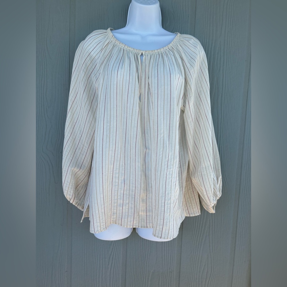 162*.MASSIMO DUTTI Women’s Striped Blouse With Pleats, Long Sleeves